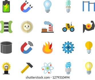 Color flat icon set hammer flat vector, fire, tractor, battery, factory, lamp, socket, cogwheel, energy saving, pipe production, magnet, atom, bulb, fector, muscles, carpal expander, parallel bars
