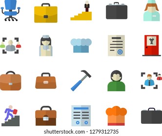 Color flat icon set hammer flat vector, cook hat, case, briefcase, nurse, recruitment, office chair, contract, career ladder, doctor's fector, user