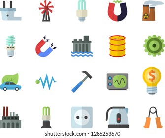 Color flat icon set hammer flat vector, electric kettle, windmill, oil tanks, socket, plug, hydroelectric power station, plant, energy saving lamp, eco cars, cogwheel, idea, fector, nuclear, magnet