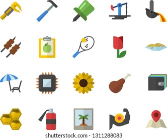 Color flat icon set hammer flat vector, ham, spaghetti, shashlik, honeycomb, flower, tulip, oil pumping, trammel, motherboard, metallurgy, purse, drawing pin, diet, muscles, chaise lounge fector