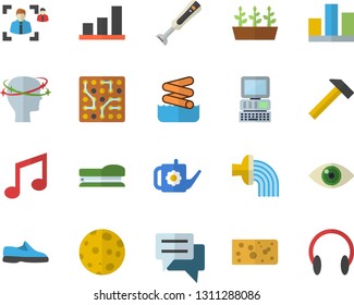 Color flat icon set hammer flat vector, blender, cheese, watering can, hose irrigation, seedlings, chat, headache, statistic, recruitment, stapler, moon, computer, electronic circuit, chart, eye