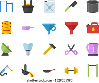 Color flat icon set hammer flat vector, frying pan, saute, electric kettle, knives, scissors, oil tanks, canister, satellite antenna, pipe production, welding, metallurgy, funnel, implant, dumbbell