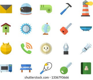 Color flat icon set hammer flat vector, gas, microwave, nesting box, bench, socket, lighthouse, phone call, syringe, ink pen, globe, astronaut helmet fector, fitball, whistle, sea beach, tennis, key