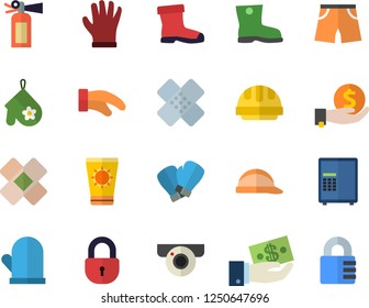 Color flat icon set hard hat flat vector, potholder, gumboots, gloves, investments, patch, athletic shorts, boxing, sun protection cream fector, surveillance camera, safe, fire extinguisher, lock