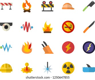 Color flat icon set hard hat flat vector, barrier, knives, fire, bonfire, radiation, laser, lightning, electric discharge fector, surveillance camera, no smoking, shark