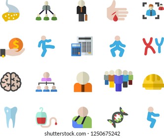 Color flat icon set hard hat flat vector, calculator, person, investments, team, blood transfusion, injury, chromosomes, tooth, stomach, recruitment, hierarchy, businessman, dna, brain, gymnastics