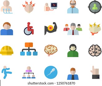 Color flat icon set hard hat flat vector, hierarchy, person, target audience, team, disabled, diagnostics, sperm, brainstorm, scientist, brain, muscles, gymnastics, user, indicate