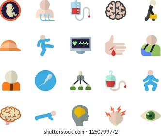 Color flat icon set hard hat flat vector, person, blood transfusion, computer diagnostics of health, injury, embryo, sperm, hierarchy, businessman, brainstorm, brain, fector, gymnastics, push up