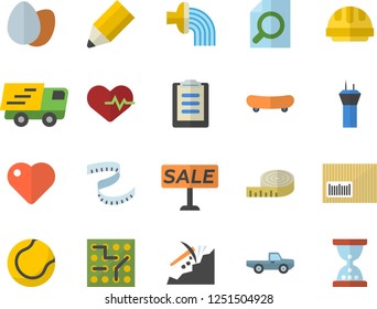 Color flat icon set hard hat flat vector, egg, pickup truck, hose irrigation, mining, sell out, trucking, barcode, heart, clipboard, magnifier, pencil, electronic circuit, skateboard, heartbeat