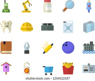 Color flat icon set hard hat flat vector, brick, rolling pin, French fries, nesting box, hydroelectric power station, canister, grocery trolley, gestation, broken tooth, ink pen, telephone, sticker