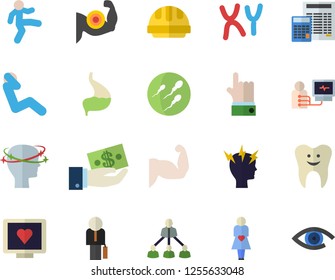 Color flat icon set hard hat flat vector, calculator, investments, computer diagnostics of health, headache, gestation, chromosomes, sperm, tooth, stomach, hierarchy, businessman, muscles, indicate