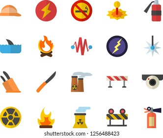 Color flat icon set hard hat flat vector, barrier, knives, bonfire, radiation, laser, nuclear power plant, lightning, electric discharge fector, surveillance camera, no smoking, shark
