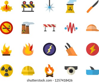Color flat icon set hard hat flat vector, barrier, knives, fire, bonfire, radiation, laser, nuclear power plant, lightning, electric discharge fector, surveillance camera, no smoking, shark