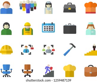 Color flat icon set hard hat flat vector, hammer, cook, construction worker, case, team, calendar, nurse, briefcase, recruitment, office chair, career ladder, user