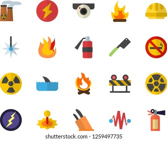 Color flat icon set hard hat flat vector, barrier, knives, fire, bonfire, radiation, laser, nuclear power plant, lightning, electric discharge fector, surveillance camera, no smoking, shark