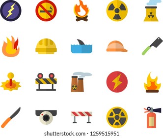Color flat icon set hard hat flat vector, barrier, knives, fire, bonfire, radiation, laser, nuclear power plant, lightning, surveillance camera fector, no smoking, shark, extinguisher