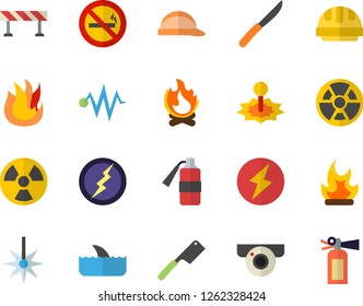 Color flat icon set hard hat flat vector, barrier, knives, fire, bonfire, radiation, laser, lightning, electric discharge fector, surveillance camera, no smoking, shark, extinguisher