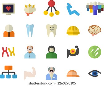Color flat icon set hard hat flat vector, hierarchy, person, team, computer diagnostics of health, chromosomes, sperm, tooth, brainstorm, scientist, brain, muscles, swing press, user, eye