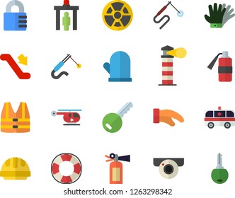 Color flat icon set hard hat flat vector, potholder, gloves, radiation, welding, lighthouse, ambulance, helicopter, escalator fector, control gate, surveillance camera, key, life vest, lifebuoy