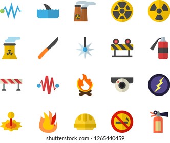 Color flat icon set hard hat flat vector, barrier, knives, fire, bonfire, radiation, laser, nuclear power plant, lightning, electric discharge fector, surveillance camera, no smoking, shark
