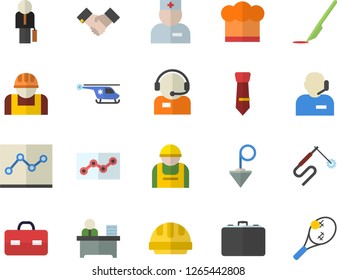 Color flat icon set hard hat flat vector, construction plummet, cook, worker, welding, case, telephone operator, physician, briefcase, helicopter, scalpel, phone, office, point diagram, tie