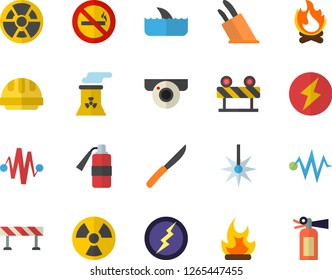 Color flat icon set hard hat flat vector, barrier, knives, bonfire, radiation, laser, nuclear power plant, lightning, electric discharge fector, surveillance camera, no smoking, shark