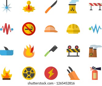 Color flat icon set hard hat flat vector, barrier, knives, fire, bonfire, radiation, laser, nuclear power plant, lightning, electric discharge fector, no smoking, shark, extinguisher