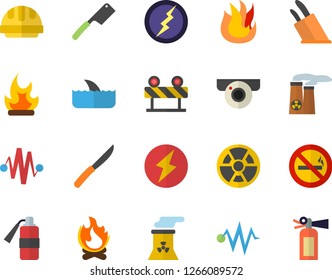 Color flat icon set hard hat flat vector, barrier, knives, fire, bonfire, radiation, nuclear power plant, lightning, electric discharge fector, surveillance camera, no smoking, shark, extinguisher