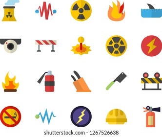 Color flat icon set hard hat flat vector, barrier, knives, fire, bonfire, radiation, laser, nuclear power plant, lightning, electric discharge fector, surveillance camera, no smoking, shark