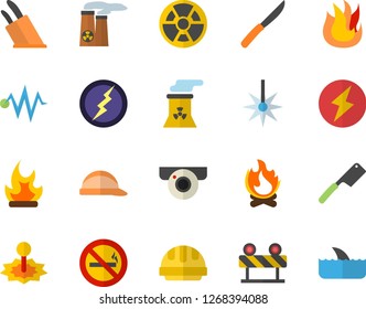 Color flat icon set hard hat flat vector, barrier, knives, fire, bonfire, radiation, laser, nuclear power plant, lightning, electric discharge fector, surveillance camera, no smoking, shark