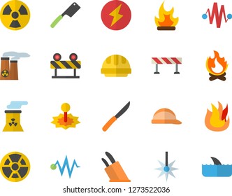 Color flat icon set hard hat flat vector, barrier, knives, fire, bonfire, radiation, laser, nuclear power plant, lightning, electric discharge fector, shark