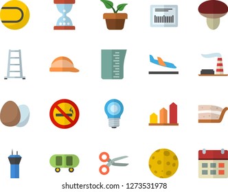 Color flat icon set hard hat flat vector, meashuring cup, egg, piece of cake, mushroom, home plant, ladder, factory, lamp, barcode, moon, skateboard, achievement chart, tennis ball, arrival