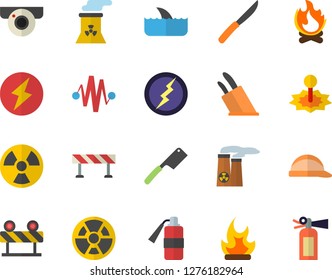 Color flat icon set hard hat flat vector, barrier, knives, bonfire, radiation, laser, nuclear power plant, lightning, electric discharge fector, surveillance camera, shark, fire extinguisher