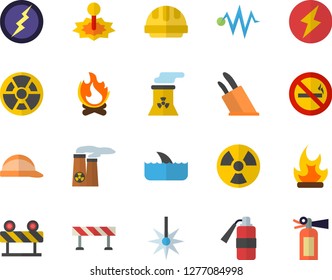 Color flat icon set hard hat flat vector, barrier, knives, bonfire, radiation, laser, nuclear power plant, lightning, electric discharge fector, no smoking, shark, fire extinguisher