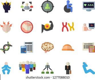 Color flat icon set hard hat flat vector, calculator, target audience, team, computer diagnostics of health, disabled, headache, embryo, chromosomes, recruitment, hierarchy, businessman, brainstorm