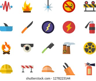 Color flat icon set hard hat flat vector, barrier, knives, bonfire, radiation, laser, nuclear power plant, lightning, electric discharge fector, surveillance camera, no smoking, shark