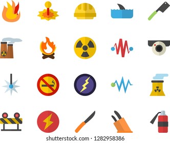 Icono plano de color fija ese vector plano, barrera, cuchillos, fuego, fuego, radiación, láser, central nuclear, relámpago, fector de descarga eléctrica, cámara de vigilancia, no fumador, tiburón