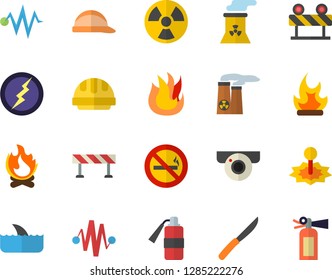 Color flat icon set hard hat flat vector, barrier, knives, fire, bonfire, radiation, laser, nuclear power plant, lightning, electric discharge fector, surveillance camera, no smoking, shark