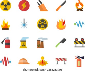 Color flat icon set hard hat flat vector, barrier, knives, fire, bonfire, radiation, laser, nuclear power plant, lightning, electric discharge fector, extinguisher