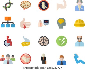 Color flat icon set hard hat flat vector, hierarchy, person, team, disabled, injury, diagnostics, embryo, sperm, stomach, businessman, scientist, dna, brain, fector, muscles, swing press