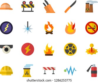 Color flat icon set hard hat flat vector, barrier, knives, fire, bonfire, radiation, laser, nuclear power plant, lightning, electric discharge fector, surveillance camera, no smoking, extinguisher