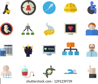 Color flat icon set hard hat flat vector, calculator, hierarchy, target audience, blood transfusion, computer diagnostics of health, disabled, headache, embryo, sperm, stomach, businessman, dna
