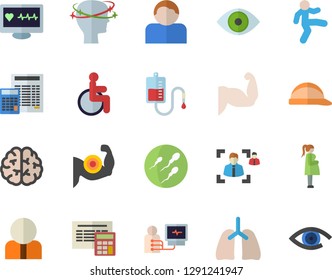 Color flat icon set hard hat flat vector, calculator, person, blood transfusion, computer diagnostics of health, disabled, eye, headache, gestation, sperm, lungs, recruitment, brain, muscles, user
