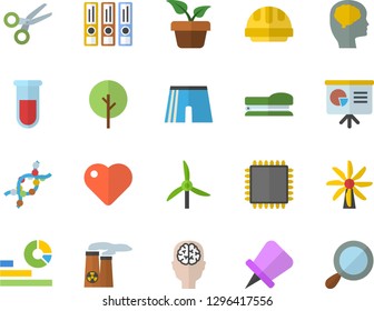 Color flat icon set hard hat flat vector, home plant, tree, windmill, statistics, blood test, heart, DNA, stapler, nuclear power, cpu, presentaition board, folders for papers, brain fector, scissors