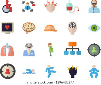 Color flat icon set hard hat flat vector, hierarchy, target audience, blood transfusion, computer diagnostics of health, disabled, eye, headache, gestation, lungs, recruitment, brainstorm, scientist