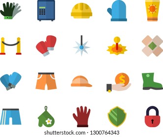 Color flat icon set hard hat flat vector, potholder, gumboots, gloves, laser, investments, patch, athletic shorts, boxing, VIP area fector, sun protection cream, security, safe, lock