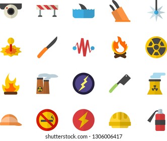 Color flat icon set hard hat flat vector, barrier, knives, bonfire, radiation, laser, nuclear power plant, lightning, electric discharge fector, surveillance camera, no smoking, shark
