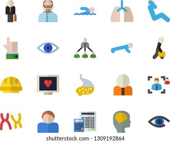 Color flat icon set hard hat flat vector, calculator, person, computer diagnostics of health, eye, chromosomes, stomach, lungs, recruitment, hierarchy, businessman, scientist, brain vector, swimming