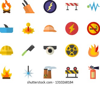 Color flat icon set hard hat flat vector, barrier, knives, fire, bonfire, radiation, laser, nuclear power plant, lightning, electric discharge fector, surveillance camera, no smoking, shark