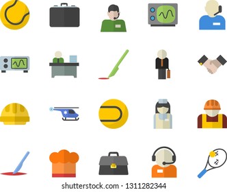 Color flat icon set hard hat flat vector, cook, construction worker, case, telephone operator, helicopter, nurse, scalpel, briefcase, phone, office, agreement, businessman, oscilloscope, tennis ball